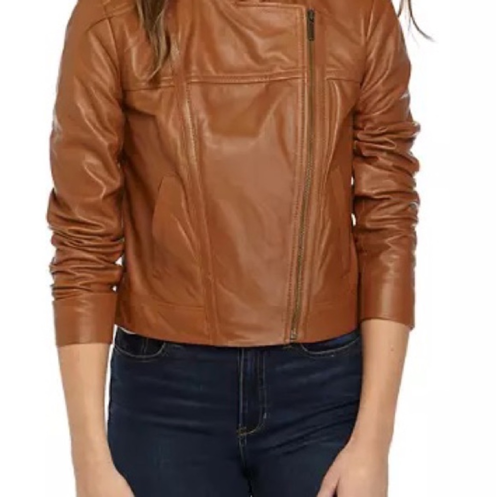 MICHAEL Michael Kors Leather Moto Jacket in Luggage - Picture 7 of 14